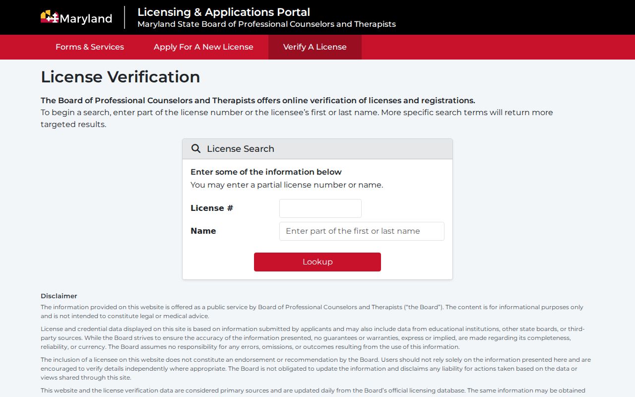 Catonsville records view of the Maryland professional license search