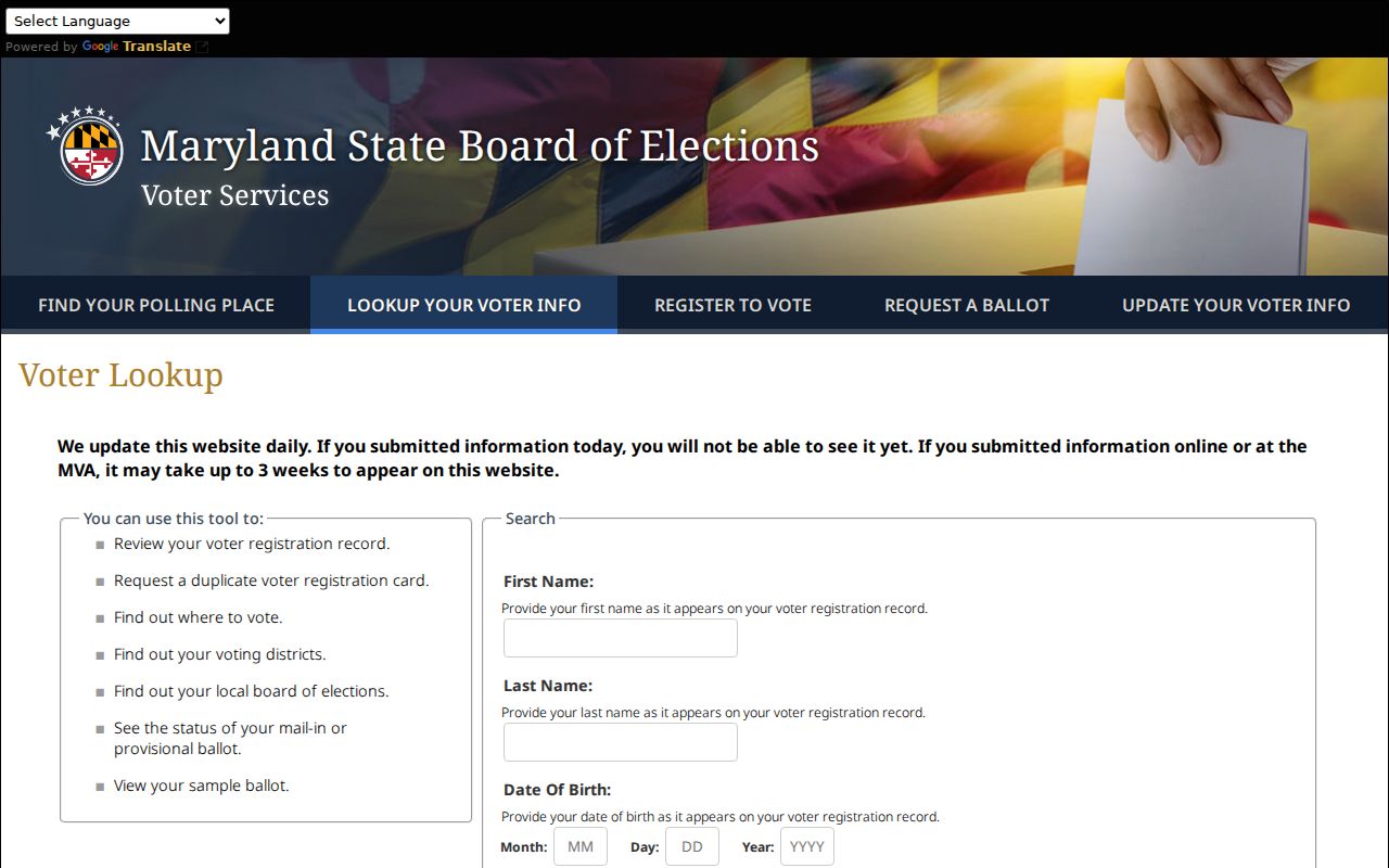 Catonsville voter registration lookup fields in Maryland Voter Search